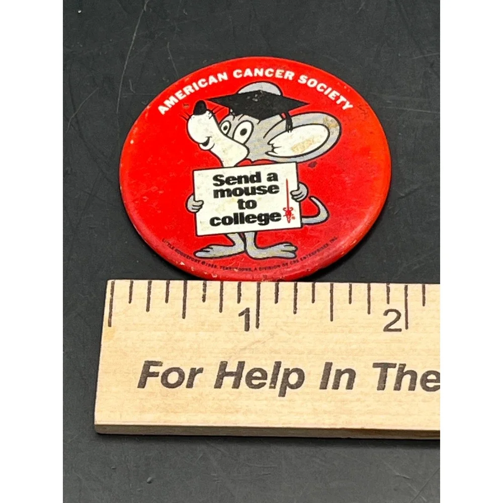 Vtg American Cancer Society Pinback Button Send A Mouse to College Pin‎ 1969